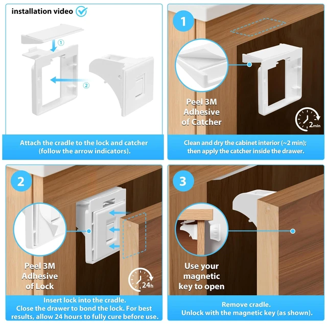Alt view image 5 of 7 - Baby Proofing Magnetic Cabinet Locks (3 Pack + 1 Key) Child Safety Locks | Keep dangerous items out of toddlers' reach, Hidden from view, Renter-friendly, Magnet Cupboard Drawers Latches