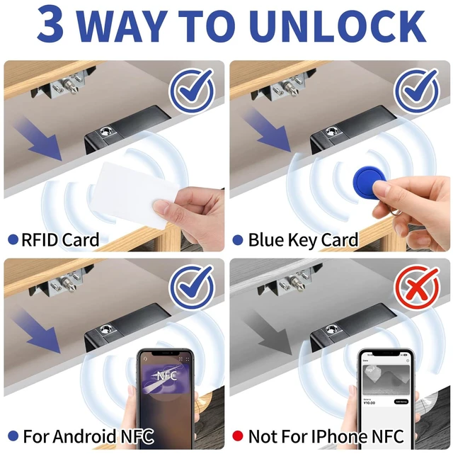 Alt view image 3 of 6 - 2 Pack RFID Hidden Electronic Cabinet Locks with 10 Key Cards | For Locking Wooden Medicine, Knife, Liquors Invisible Hidden Cabinets & Drawers to Prevent Theft or Children from Touching