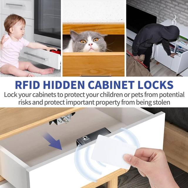 Alt view image 2 of 6 - 2 Pack RFID Hidden Electronic Cabinet Locks with 10 Key Cards | For Locking Wooden Medicine, Knife, Liquors Invisible Hidden Cabinets & Drawers to Prevent Theft or Children from Touching