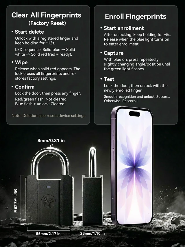 Alt view image 3 of 7 - Fingerprint Padlock with Backup Keys, One-Touch Gym Locker Lock, No Charging Needed, Stores 20 Fingerprints, IPX5 Water-Resistant Biometric Lock for Gate, Shed and Toolbox