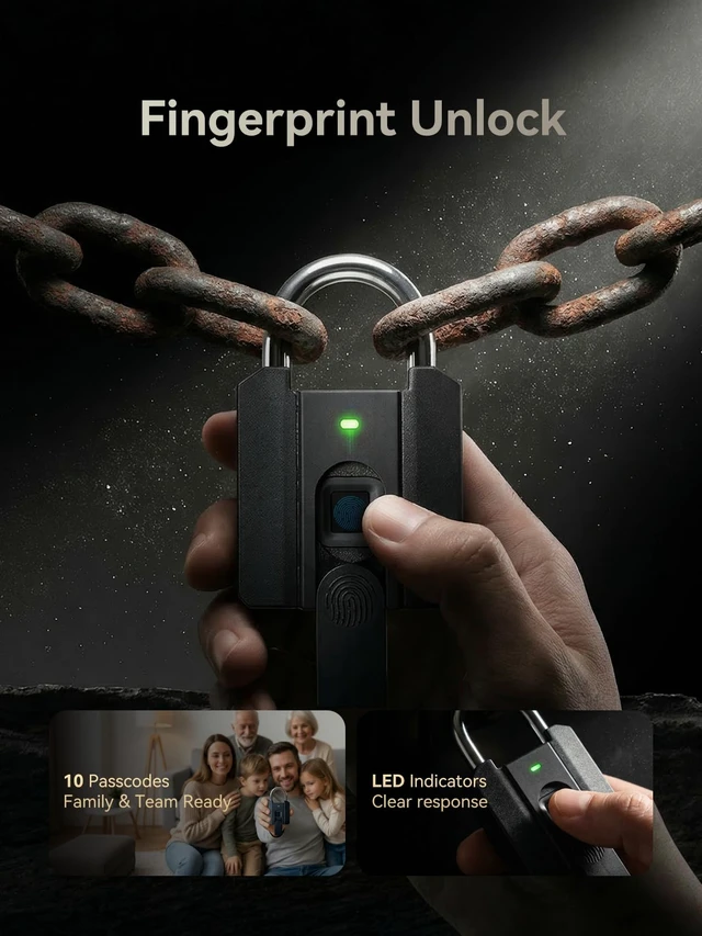 Alt view image 2 of 7 - Fingerprint Padlock with Backup Keys, One-Touch Gym Locker Lock, No Charging Needed, Stores 20 Fingerprints, IPX5 Water-Resistant Biometric Lock for Gate, Shed and Toolbox
