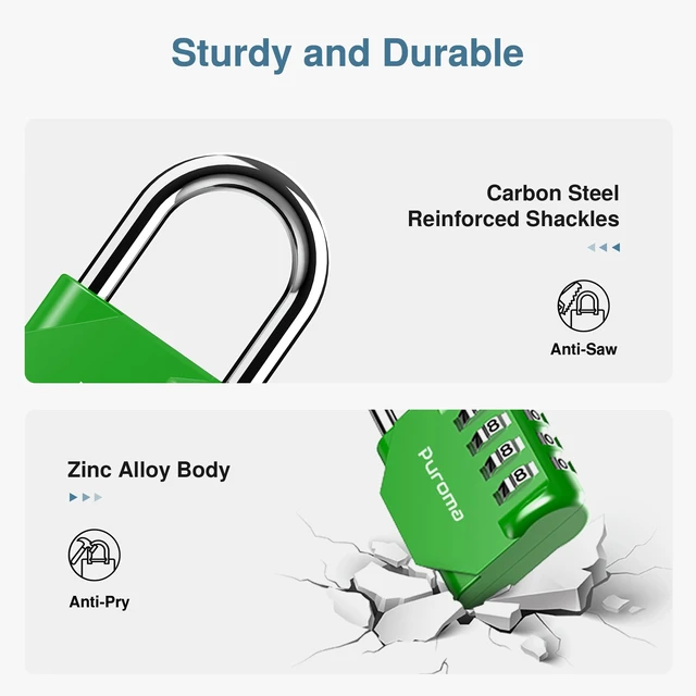 Alt view image 4 of 7 - 2 Combination Lock Locker 4 Digits Combo Padlock Gym Green & Black | For School Gate Fence Toolbox Hasp Storage, Outdoor, Resettable, Weatherproof, Side Window, Crack Cut Resist, Hardened Steel