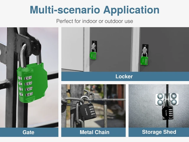 Alt view image 7 of 7 - 2 Combination Lock Locker 4 Digits Combo Padlock Gym Green & Black | For School Gate Fence Toolbox Hasp Storage, Outdoor, Resettable, Weatherproof, Side Window, Crack Cut Resist, Hardened Steel