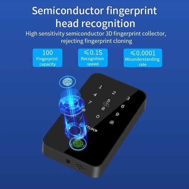 Alt view image 4 of 7 - Waterproof Fingerprint Access Control Machine Smart TT-Lock APP Door Access Control Security System NFC Bluetooth Digital Keypad RFID Card Reader+10 Keychains (MJ03F-TT-LOCK-Gray)