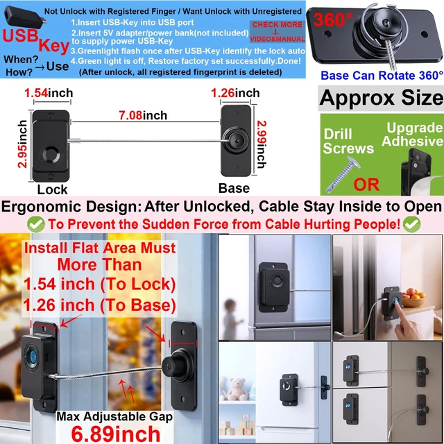 Alt view image 2 of 7 - Fingerprint Fridge Lock 20-User Cabinet, Child Safety, No Drill | Biometric, Emergency Code & USB Key | Refrigerator, Freezer, French Door, Drawer, RV, Window, Cooler, Dorm | Adhesive/Screw
