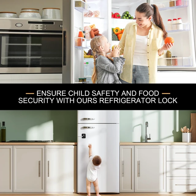 Alt view image 2 of 6 - Fridge Lock, 2PCS Upgraded Refrigerator Lock for Freezer, Cabinets and Drawers, Air Fryer, Closets, Windows, Doors, Durable ABS with Adhesive Backing, Easy Install, No Tools Needed, Black