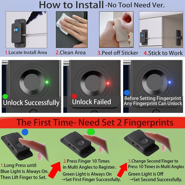Alt view image 6 of 7 - Fingerprint Fridge Lock 2-Pack, No Drill, Child Proof, Cabinet | Biometric 20-User, USB Key & Code Backup | Refrigerator, Freezer, French Door, Drawer, RV, Window, Dorm | Adhesive or Screw