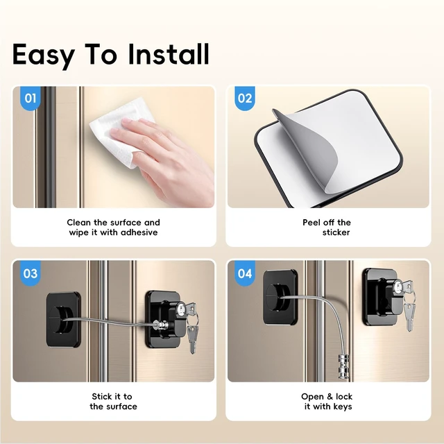 Alt view image 4 of 5 - 2 Pack Refrigerator Locks with 4 Keys, Child Safety Lock for Fridge Door Locks, Cabinets, Freezer, Desk Drawers, Wardrobes, Closets, Windows-No Tools Need or Drill (Patent)