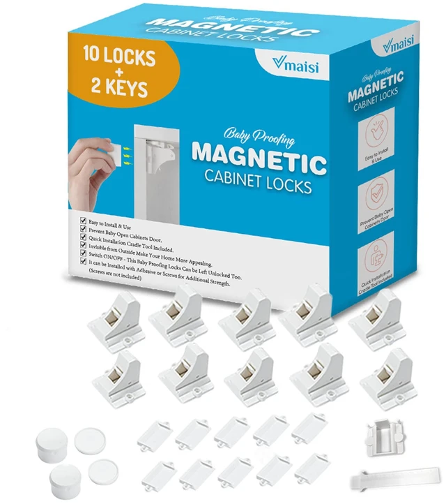 Main image of Adhesive Magnetic Locks for Cabinets & Drawers (10 Locks and 2 Keys) | Helps keep kids out of cabinets