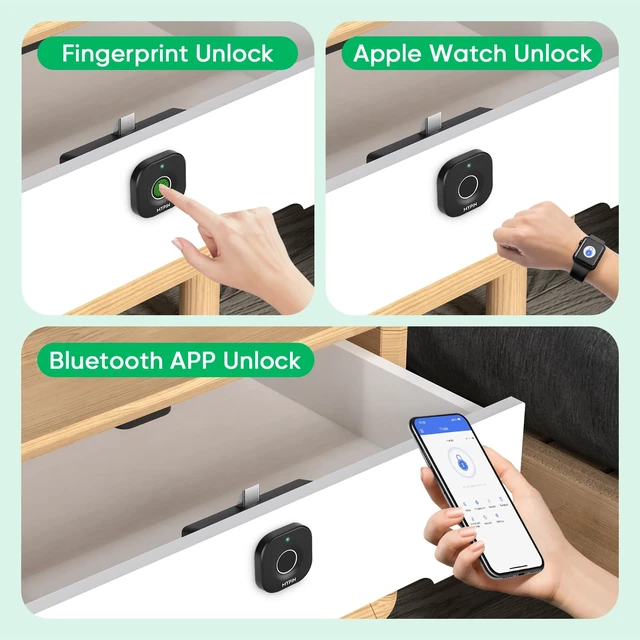 Alt view image 2 of 7 - Bluetooth Smart Cabinet Lock with Phone/Watch App Unlock, Child Proof Lock | Fingerprint Biometric Cabinet Lock, Keyless Hidden File Wardrobe Lock, Baby Proof Drawer Locks, DIY Wooden Furniture Lock