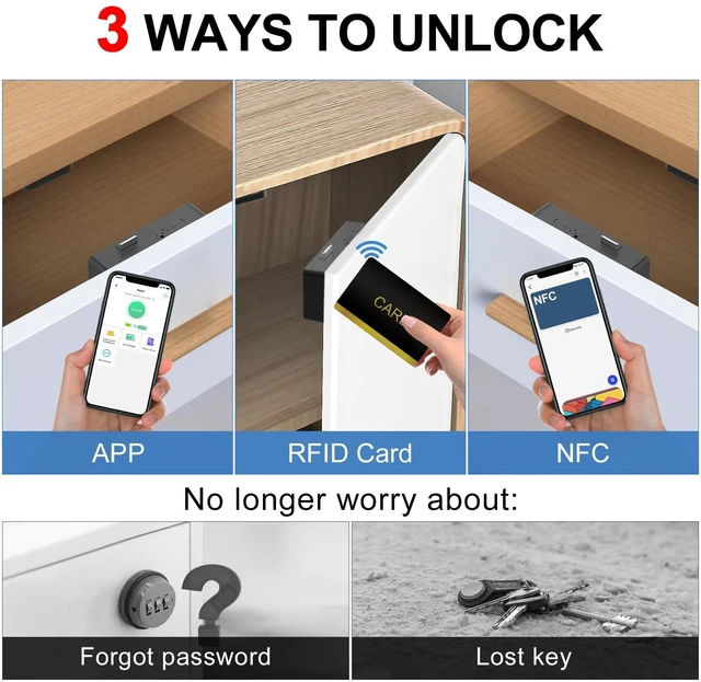Alt view image 4 of 7 - Hidden Cabinet Lock for Adults, App & RFID Card NFC, No Drill | Smart Invisible Drawer Latch for Liquor Medicine Pantry Cupboard Kitchen Furniture, Child Safe, Adhesive/Screw Mount, Black