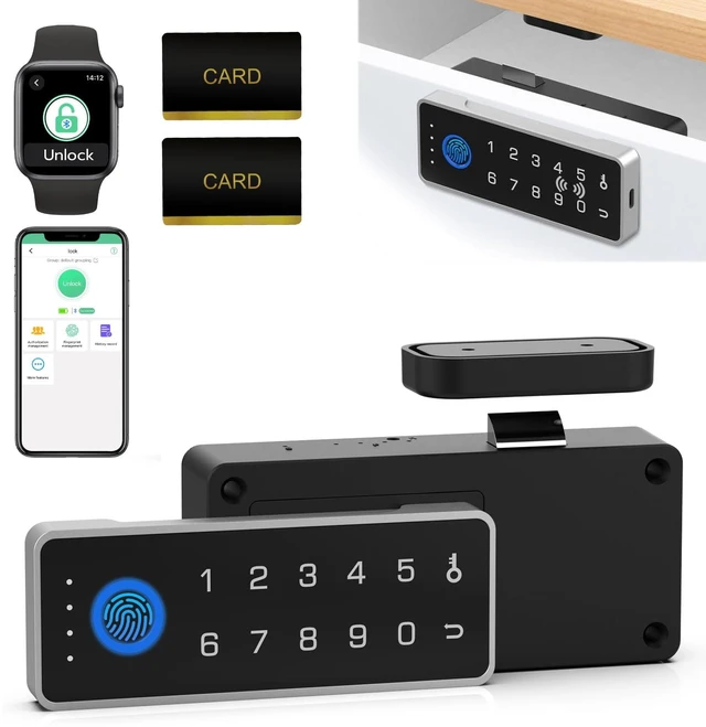Main image of Smart Cabinet Lock with Fingerprint, APP, Code RFID, Replaces Keyed Lock | Fits existing hole, any thickness, file cabinet, gun drawer, toolbox, dresser, office, 2 AA batteries, Horizontal Black