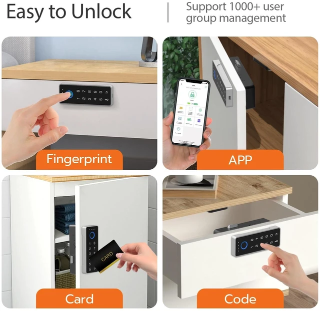 Alt view image 2 of 7 - Smart Cabinet Lock with Fingerprint, APP, Code RFID, Replaces Keyed Lock | Fits existing hole, any thickness, file cabinet, gun drawer, toolbox, dresser, office, 2 AA batteries, Horizontal Black
