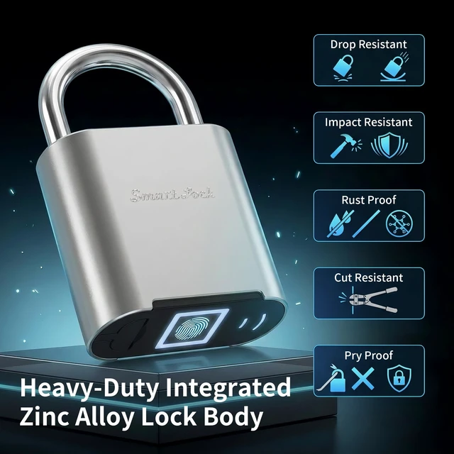 Alt view image 3 of 7 - Biometric Fingerprint Padlock with Backup Electronic Key, Heavy Duty Smart Lock for Gym Locker, IP66 Waterproof Outdoor Padlock, Keyless Anti-Theft Lock for School, Gate, Toolbox & Athletes