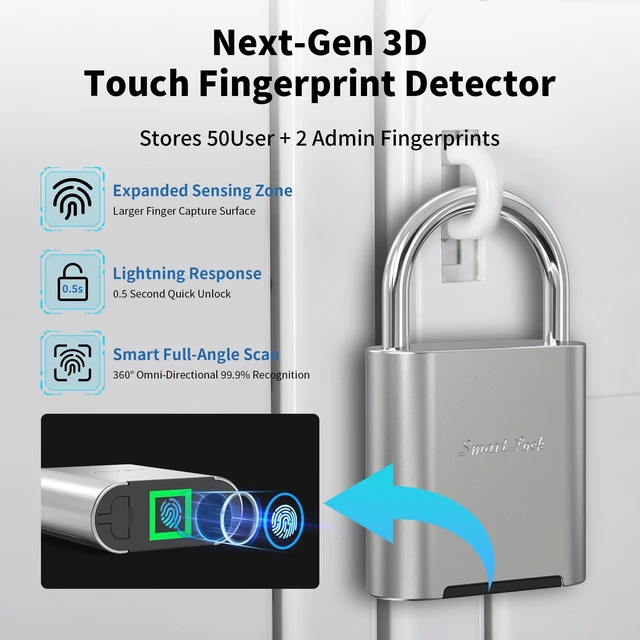Alt view image 4 of 7 - Biometric Fingerprint Padlock with Backup Electronic Key, Heavy Duty Smart Lock for Gym Locker, IP66 Waterproof Outdoor Padlock, Keyless Anti-Theft Lock for School, Gate, Toolbox & Athletes