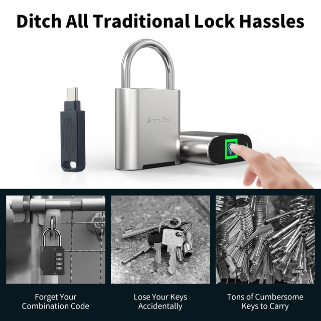 Alt view image 5 of 7 - Biometric Fingerprint Padlock with Backup Electronic Key, Heavy Duty Smart Lock for Gym Locker, IP66 Waterproof Outdoor Padlock, Keyless Anti-Theft Lock for School, Gate, Toolbox & Athletes