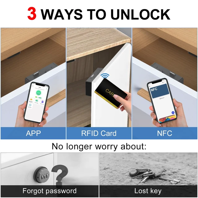 Alt view image 4 of 7 - Drawer Lock Hidden Cabinet Lock with NFC RFID Card Bluetooth APP Child Safety No Drilling Required for Kitchen Pantry Furniture Cupboard Door Black