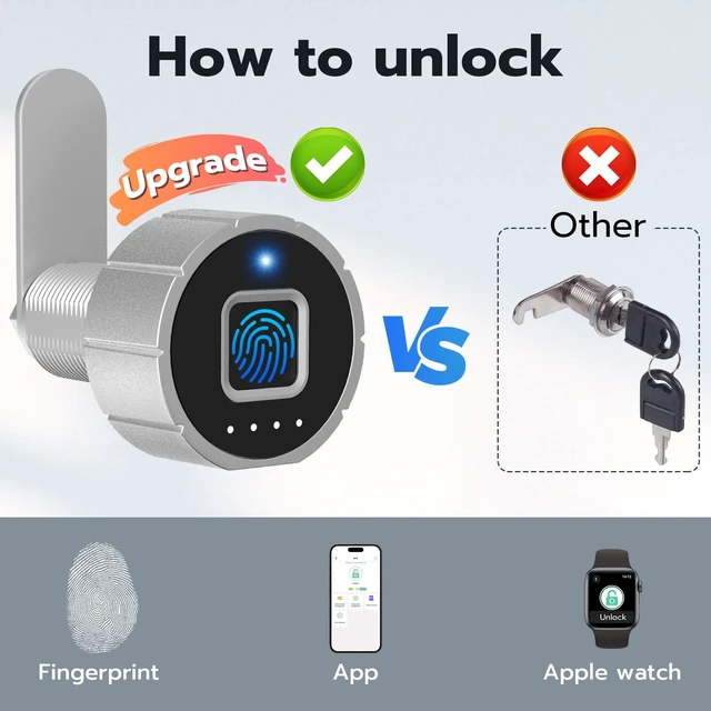 Alt view image 2 of 7 - Smart Cabinet Lock, 1 1/8" (30mm) Long Cabinet Cam Lock with Fingerprint Bluetooth APP, Digital Keyless Biometric Child Safety Lock for Drawer Cabinets Storage Mailbox