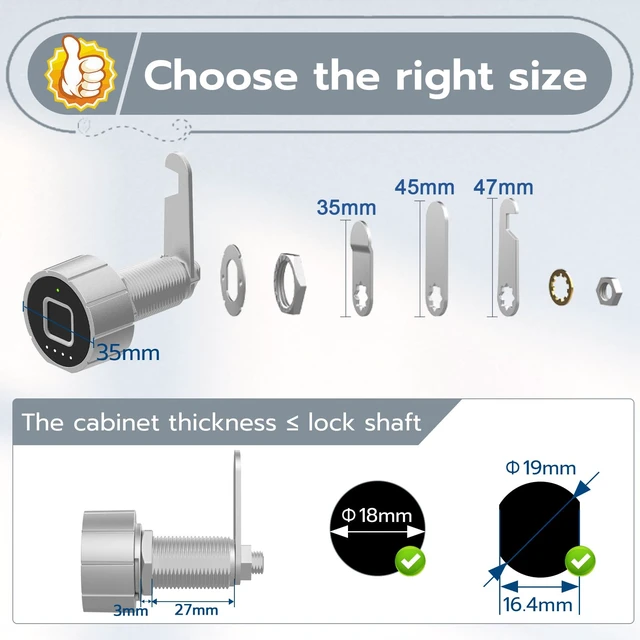 Alt view image 3 of 7 - Smart Cabinet Lock, 1 1/8" (30mm) Long Cabinet Cam Lock with Fingerprint Bluetooth APP, Digital Keyless Biometric Child Safety Lock for Drawer Cabinets Storage Mailbox