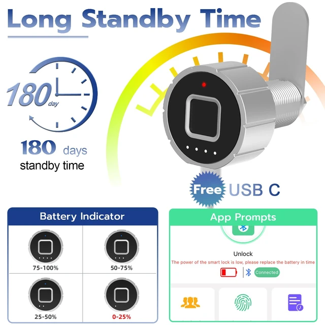 Alt view image 5 of 7 - Smart Cabinet Lock, 1 1/8" (30mm) Long Cabinet Cam Lock with Fingerprint Bluetooth APP, Digital Keyless Biometric Child Safety Lock for Drawer Cabinets Storage Mailbox