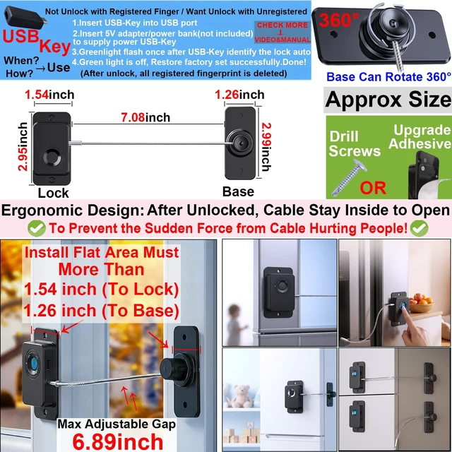 Alt view image 2 of 7 - Fingerprint Fridge Lock 2-Pack, No Drill, Child Proof, Cabinet | Biometric 20-User, USB Key & Code Backup | Refrigerator, Freezer, French Door, Drawer, RV, Window, Dorm | Adhesive or Screw