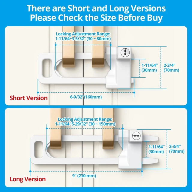 Alt view image 2 of 7 - Cabinet Lock, 2 Metal Locks 4 Keys, Keyed Alike, Adjustable, Short Ver | Adjustable Childproof Cabinet Latch to Lockout Knobs and Handles of Kitchen Drawer Storage Cupboard Closet