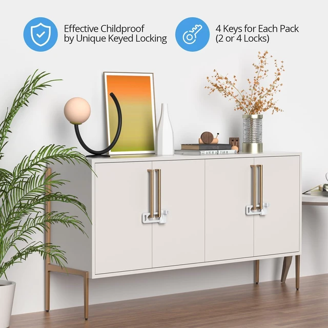Alt view image 3 of 7 - Cabinet Lock, 2 Metal Locks 4 Keys, Keyed Alike, Adjustable, Short Ver | Adjustable Childproof Cabinet Latch to Lockout Knobs and Handles of Kitchen Drawer Storage Cupboard Closet