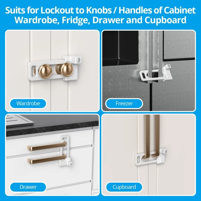 Alt view image 6 of 7 - Cabinet Lock, 2 Metal Locks 4 Keys, Keyed Alike, Adjustable, Short Ver | Adjustable Childproof Cabinet Latch to Lockout Knobs and Handles of Kitchen Drawer Storage Cupboard Closet