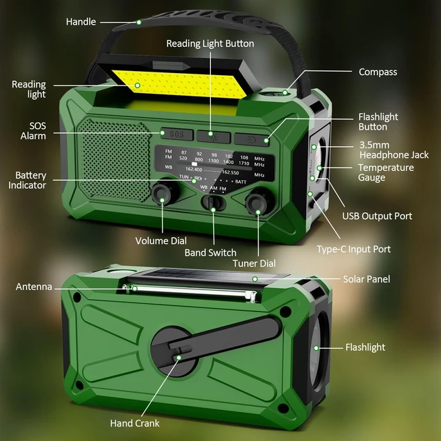 Alt view image 7 of 7 - Emergency Hand Crank Weather Radio,10000mAh AM/FM/NOAA Solar Powered Radio with Phone Charger, USB Charged, LED Flashlight Reading Lamp Headphone Jack, SOS Alarm