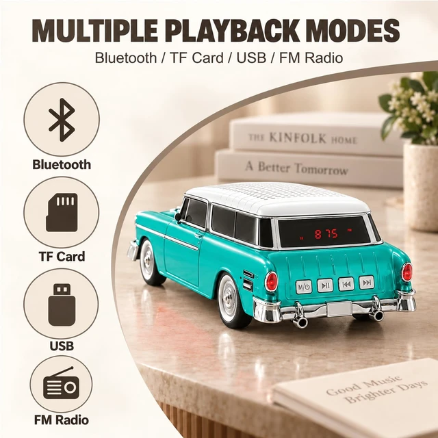 Alt view image 4 of 7 - WS-1955 Classic Station Wagon Bluetooth Speaker (Green) | Classic Station Wagon Design, HD Sound & TWS Stereo, FM Radio & USB/TF Playback, LED Lights, Built-In Mic