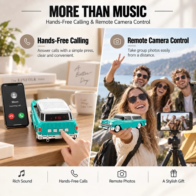 Alt view image 6 of 7 - WS-1955 Classic Station Wagon Bluetooth Speaker (Green) | Classic Station Wagon Design, HD Sound & TWS Stereo, FM Radio & USB/TF Playback, LED Lights, Built-In Mic