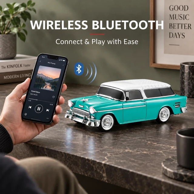 Alt view image 3 of 7 - WS-1955 Classic Station Wagon Bluetooth Speaker (Green) | Classic Station Wagon Design, HD Sound & TWS Stereo, FM Radio & USB/TF Playback, LED Lights, Built-In Mic