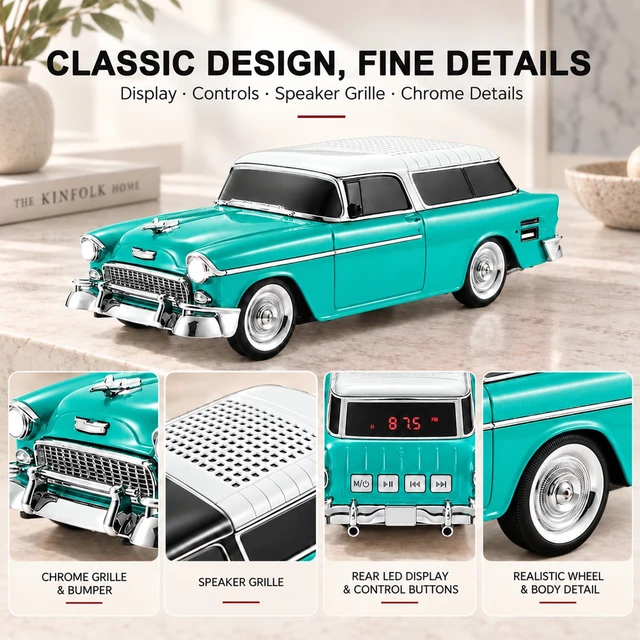 Alt view image 2 of 7 - WS-1955 Classic Station Wagon Bluetooth Speaker (Green) | Classic Station Wagon Design, HD Sound & TWS Stereo, FM Radio & USB/TF Playback, LED Lights, Built-In Mic