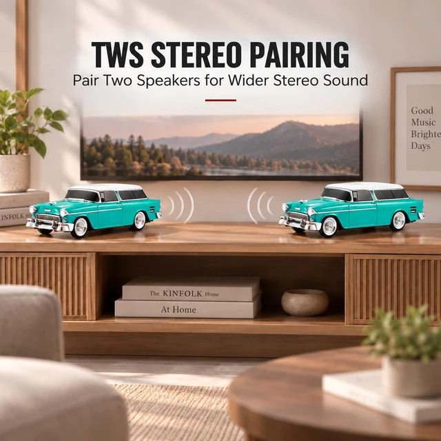 Alt view image 5 of 7 - WS-1955 Classic Station Wagon Bluetooth Speaker (Green) | Classic Station Wagon Design, HD Sound & TWS Stereo, FM Radio & USB/TF Playback, LED Lights, Built-In Mic