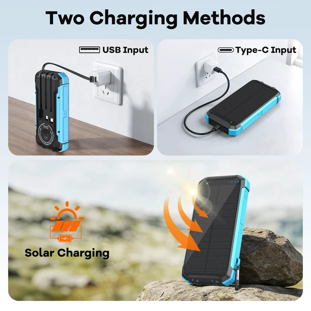 Alt view image 7 of 7 - Solar Charger Power Bank 20000mAh, Portable Wireless Charger for iphone | 15W Fast Charging Battery Pack Built in 3 Cables, Dual SOS Flashlights for Camping Hiking, Emergency Supplies Solar Panel