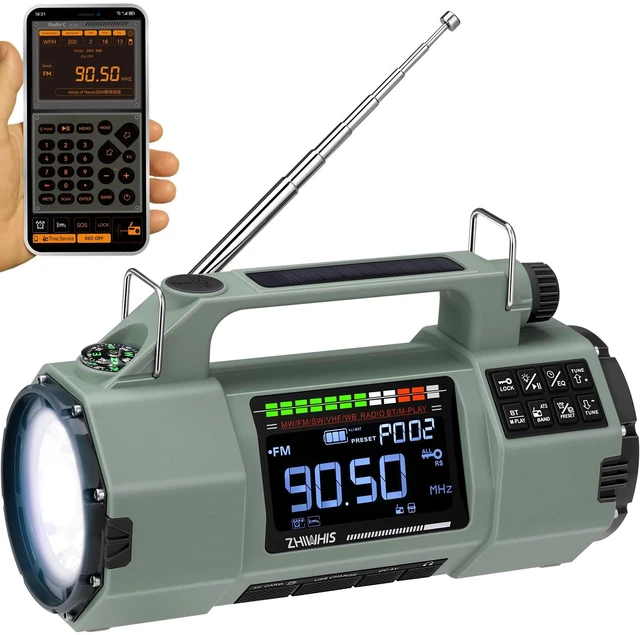 Main image of Emergency Radio with Bluetooth, Multi-Function Portable Radios with LCD VA Display, FM/MW/SW/VHF/WB Receiver with Alerts, Hand Crank/Solar/USB Charging, 5000mAh for Emergencies ZWS-908(Green)