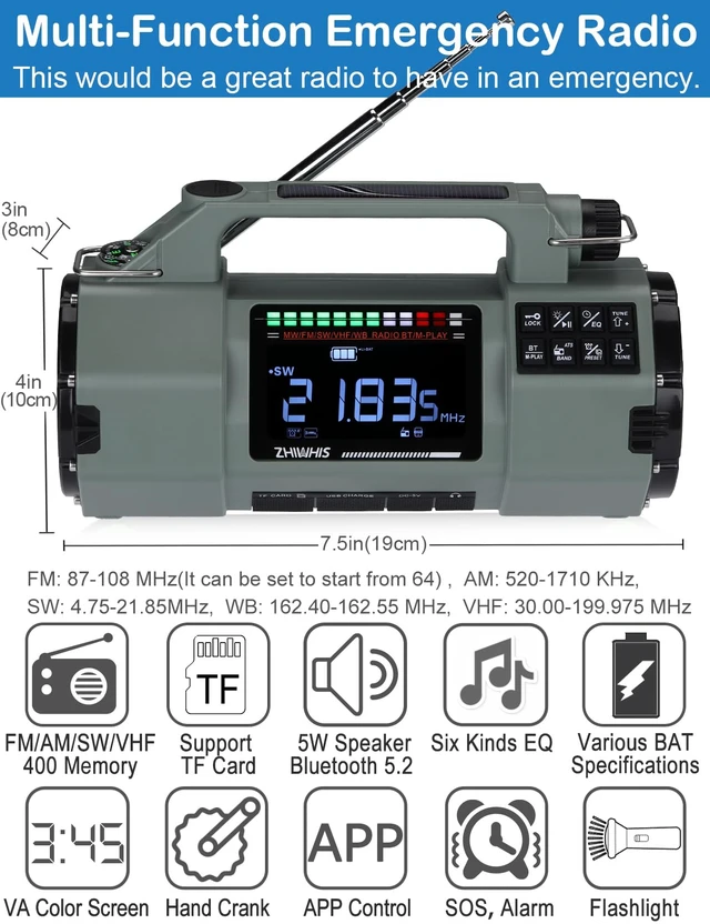 Alt view image 2 of 7 - Emergency Radio with Bluetooth, Multi-Function Portable Radios with LCD VA Display, FM/MW/SW/VHF/WB Receiver with Alerts, Hand Crank/Solar/USB Charging, 5000mAh for Emergencies ZWS-908(Green)