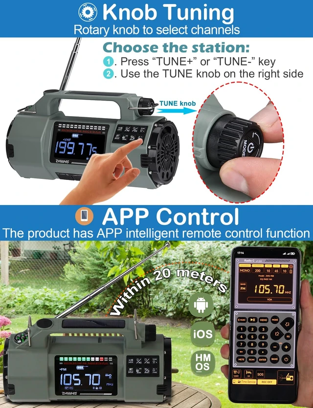 Alt view image 3 of 7 - Emergency Radio with Bluetooth, Multi-Function Portable Radios with LCD VA Display, FM/MW/SW/VHF/WB Receiver with Alerts, Hand Crank/Solar/USB Charging, 5000mAh for Emergencies ZWS-908(Green)
