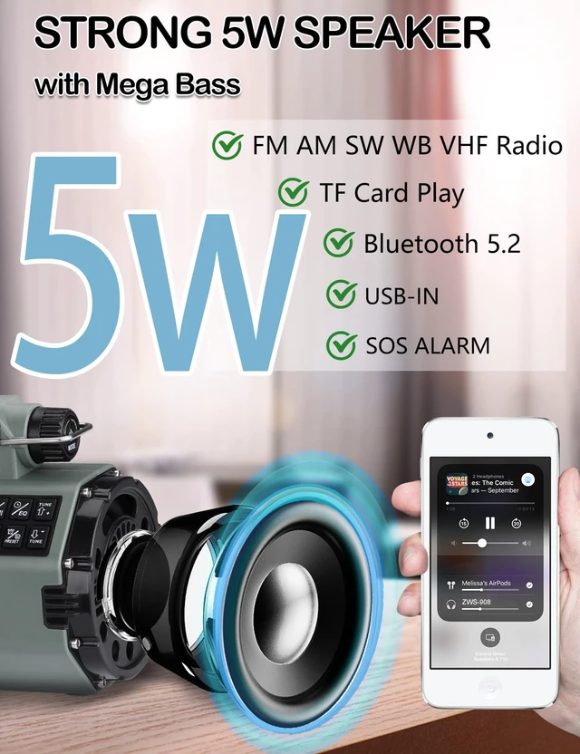 Alt view image 5 of 7 - Emergency Radio with Bluetooth, Multi-Function Portable Radios with LCD VA Display, FM/MW/SW/VHF/WB Receiver with Alerts, Hand Crank/Solar/USB Charging, 5000mAh for Emergencies ZWS-908(Green)