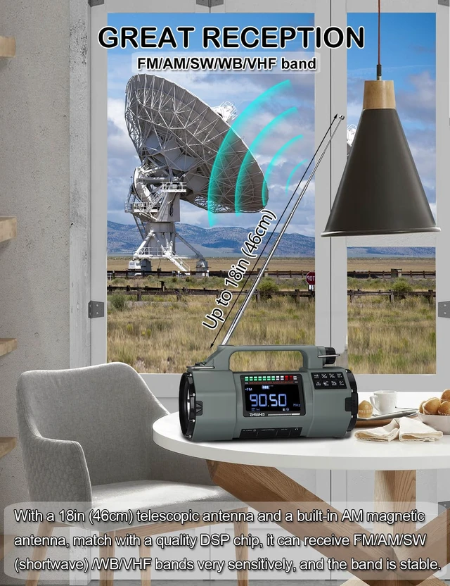 Alt view image 6 of 7 - Emergency Radio with Bluetooth, Multi-Function Portable Radios with LCD VA Display, FM/MW/SW/VHF/WB Receiver with Alerts, Hand Crank/Solar/USB Charging, 5000mAh for Emergencies ZWS-908(Green)