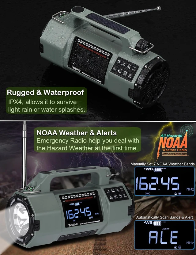 Alt view image 7 of 7 - Emergency Radio with Bluetooth, Multi-Function Portable Radios with LCD VA Display, FM/MW/SW/VHF/WB Receiver with Alerts, Hand Crank/Solar/USB Charging, 5000mAh for Emergencies ZWS-908(Green)