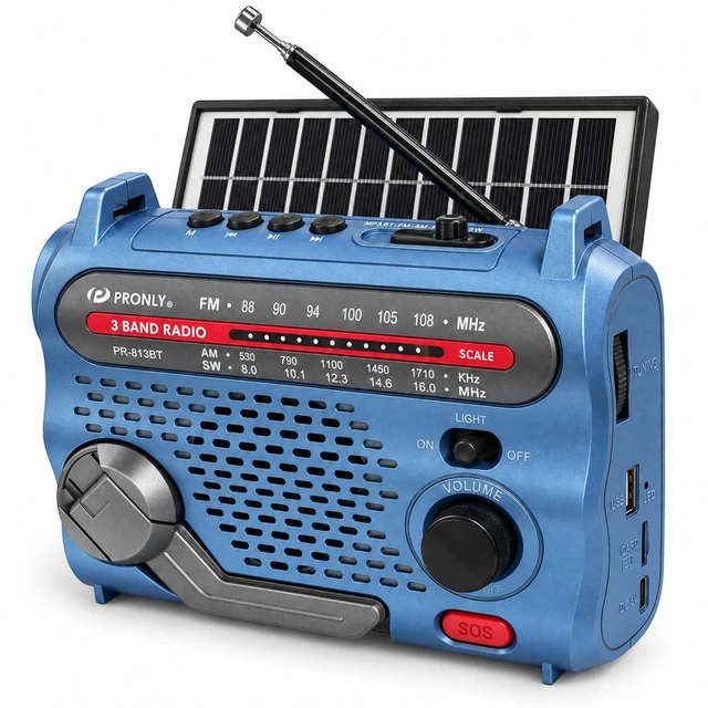 Main image of PR-813BT Portable AM FM SW Radio with Bluetooth, Solar Charging | Emergency Radio with LED Light, Sos Alert, USB/TF Playback, Hand Crank, Rechargeable Battery and USB Charging