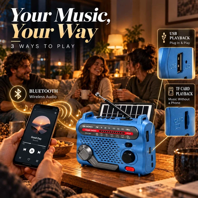 Alt view image 4 of 7 - PR-813BT Portable AM FM SW Radio with Bluetooth, Solar Charging | Emergency Radio with LED Light, Sos Alert, USB/TF Playback, Hand Crank, Rechargeable Battery and USB Charging