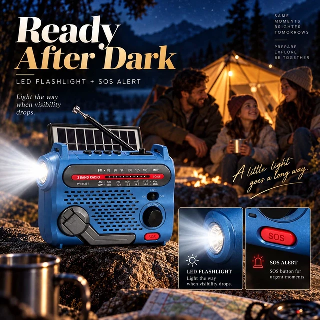 Alt view image 5 of 7 - PR-813BT Portable AM FM SW Radio with Bluetooth, Solar Charging | Emergency Radio with LED Light, Sos Alert, USB/TF Playback, Hand Crank, Rechargeable Battery and USB Charging