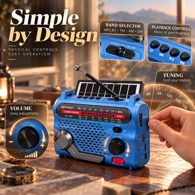Alt view image 6 of 7 - PR-813BT Portable AM FM SW Radio with Bluetooth, Solar Charging | Emergency Radio with LED Light, Sos Alert, USB/TF Playback, Hand Crank, Rechargeable Battery and USB Charging