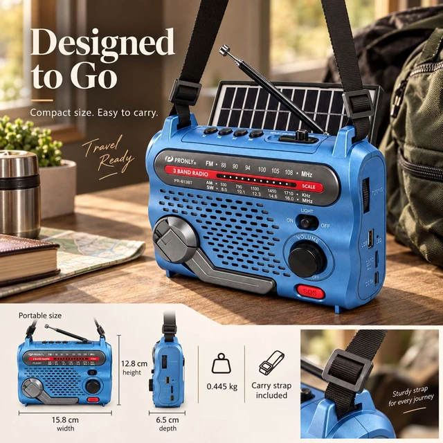 Alt view image 7 of 7 - PR-813BT Portable AM FM SW Radio with Bluetooth, Solar Charging | Emergency Radio with LED Light, Sos Alert, USB/TF Playback, Hand Crank, Rechargeable Battery and USB Charging