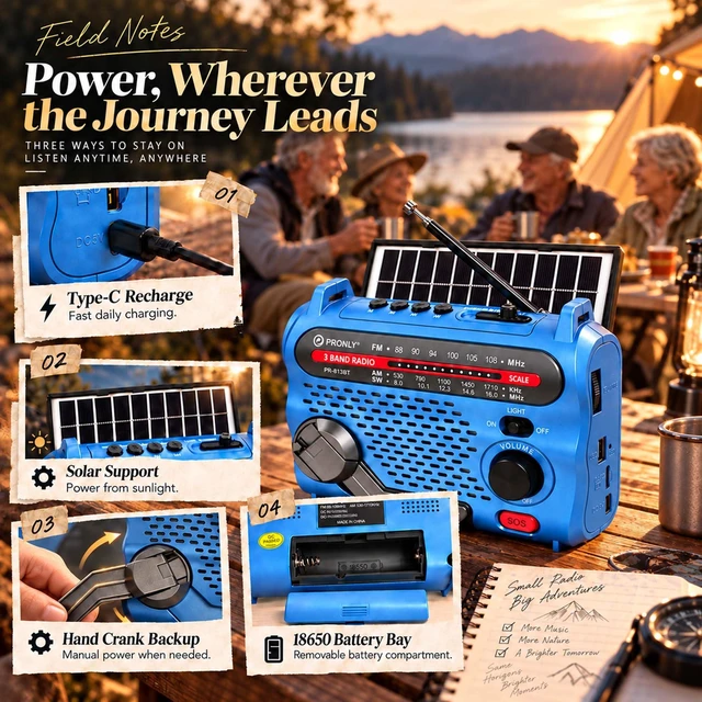 Alt view image 3 of 7 - PR-813BT Portable AM FM SW Radio with Bluetooth, Solar Charging | Emergency Radio with LED Light, Sos Alert, USB/TF Playback, Hand Crank, Rechargeable Battery and USB Charging