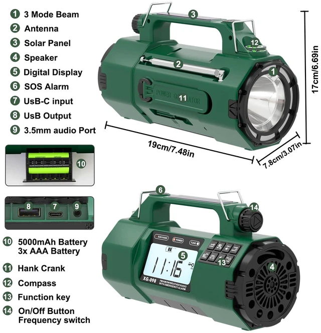 Alt view image 5 of 7 - Emergency NOAA Weather Alert Radio, 5000mAh AM/FM Portable Radio | Hand Crank & AC Power, Replaceable Battery, Flashlight, SOS Alarm, Clock & Headphone Jack for Power Outage Hurricane Camping