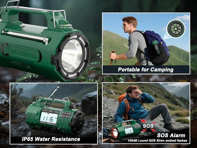 Alt view image 7 of 7 - Emergency NOAA Weather Alert Radio, 5000mAh AM/FM Portable Radio | Hand Crank & AC Power, Replaceable Battery, Flashlight, SOS Alarm, Clock & Headphone Jack for Power Outage Hurricane Camping
