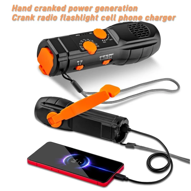 Alt view image 5 of 7 - Hand Crank Flashlight with Emergency Radio Phone Charger | Portable Dynamo, SOS LED Torch, Rechargeable USB Charging, Built-in Loudspeaker, For Camping Hiking